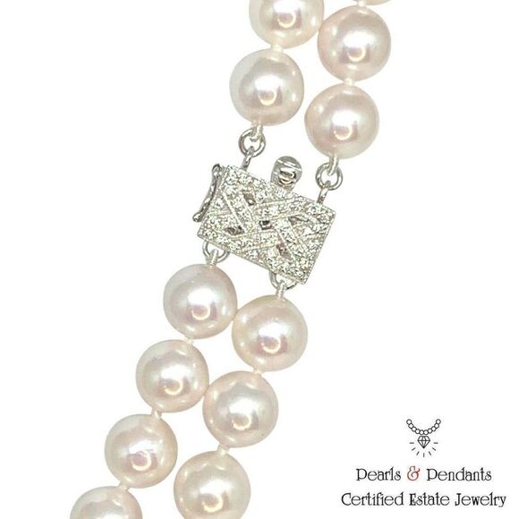 Diamond Akoya Pearl Necklace 8 mm 14k Gold 2-Strand Certified $9,750 010928 - Picture 4 of 8